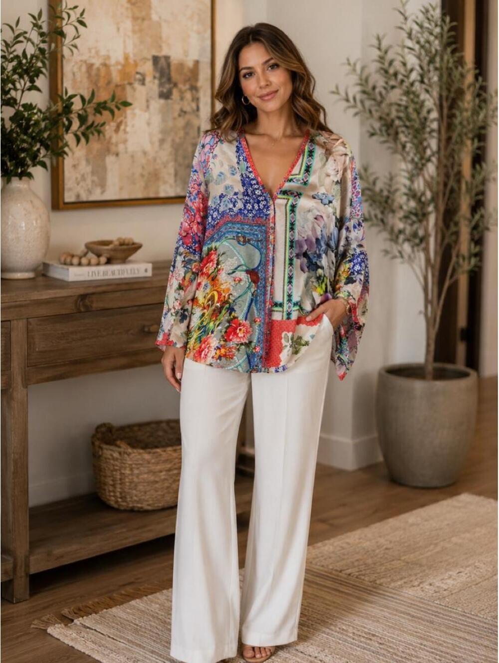 Johnny Was Multicolor Floral Patchwork Blouse